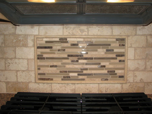 travertine tile backsplash with glass tile mosaic mural-woodstown,nj